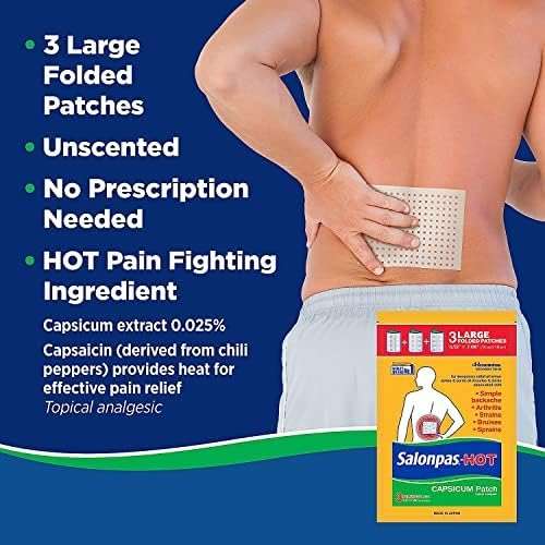 Salonpas Pain Relieving HOT Capsicum Patch, 3 Count per Pack Pack, for Back, Neck, Shoulder, Knee Pain and Muscle Soreness, 8 Hour Pain Relief Pack of 2 - Image 5