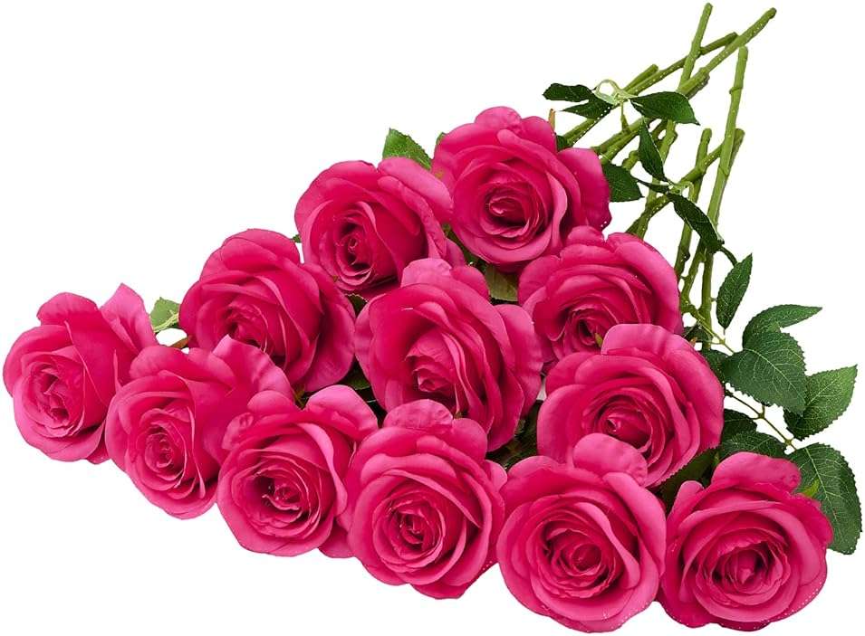 Helera 12PC Hot Pink Roses Artificial Flowers Fake Roses Silk Roses Flowers with Long Stems for Wedding Home Party Centerpieces Decorations - Image 1