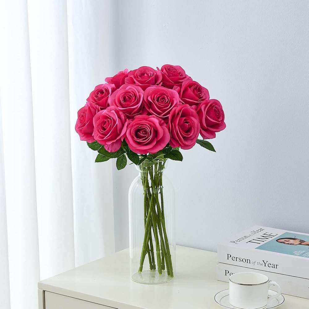Helera 12PC Hot Pink Roses Artificial Flowers Fake Roses Silk Roses Flowers with Long Stems for Wedding Home Party Centerpieces Decorations - Image 2