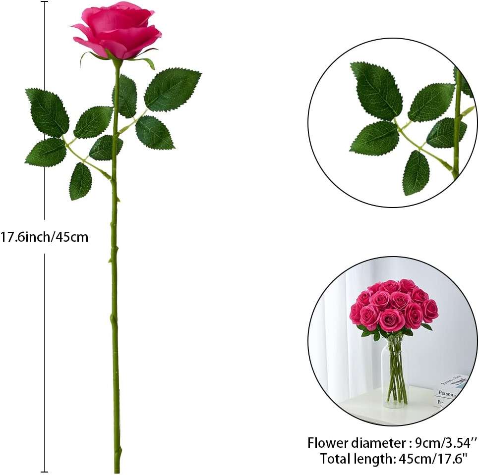 Helera 12PC Hot Pink Roses Artificial Flowers Fake Roses Silk Roses Flowers with Long Stems for Wedding Home Party Centerpieces Decorations - Image 3