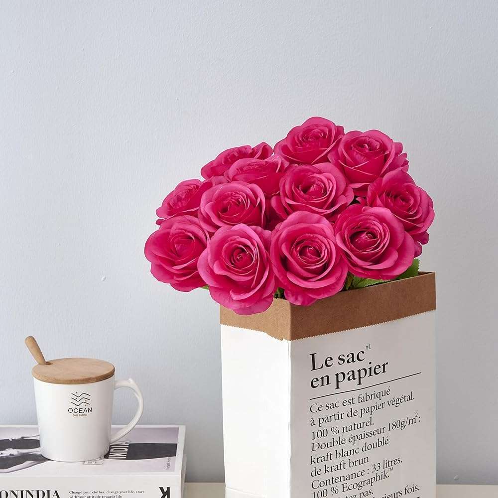 Helera 12PC Hot Pink Roses Artificial Flowers Fake Roses Silk Roses Flowers with Long Stems for Wedding Home Party Centerpieces Decorations - Image 4