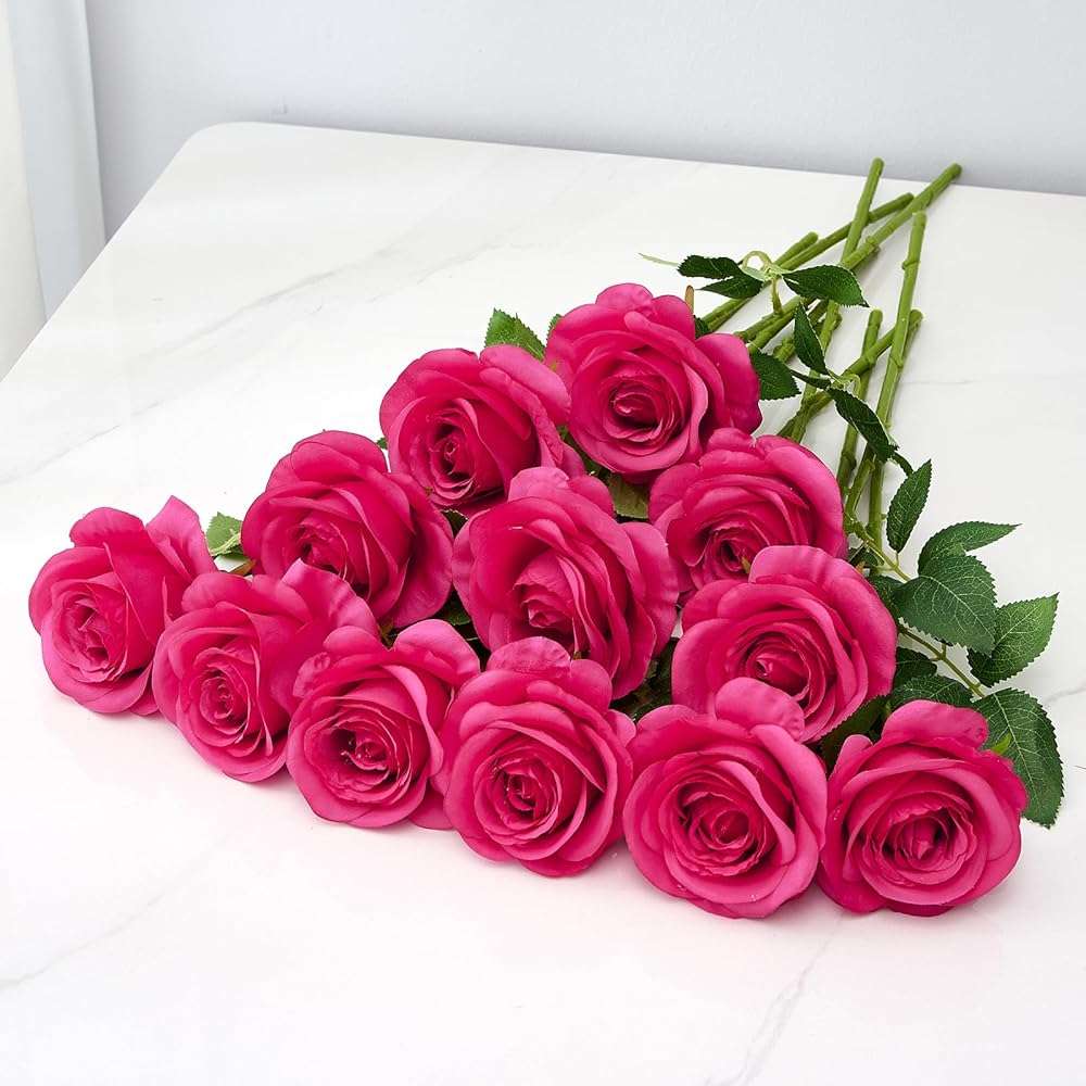 Helera 12PC Hot Pink Roses Artificial Flowers Fake Roses Silk Roses Flowers with Long Stems for Wedding Home Party Centerpieces Decorations - Image 5