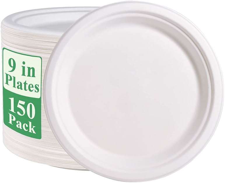 Vplus 150 Pack Paper Plates 9 inch 100% Compostable, Heavy-Duty Disposable Paper Plates Bagasse Natural Biodegradable Eco-Friendly Sugarcane（White） - Image 1