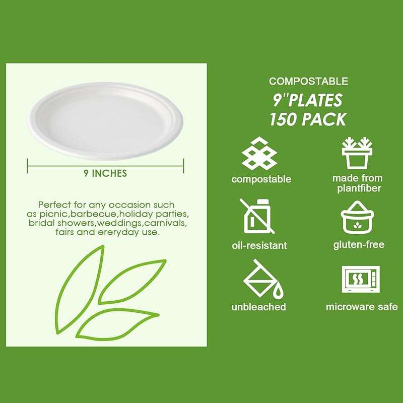 Vplus 150 Pack Paper Plates 9 inch 100% Compostable, Heavy-Duty Disposable Paper Plates Bagasse Natural Biodegradable Eco-Friendly Sugarcane（White） - Image 3