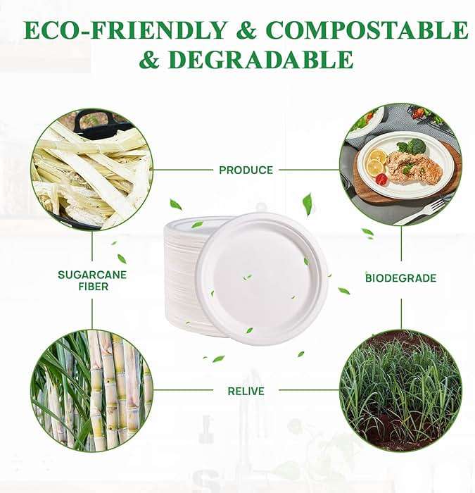 Vplus 150 Pack Paper Plates 9 inch 100% Compostable, Heavy-Duty Disposable Paper Plates Bagasse Natural Biodegradable Eco-Friendly Sugarcane（White） - Image 4