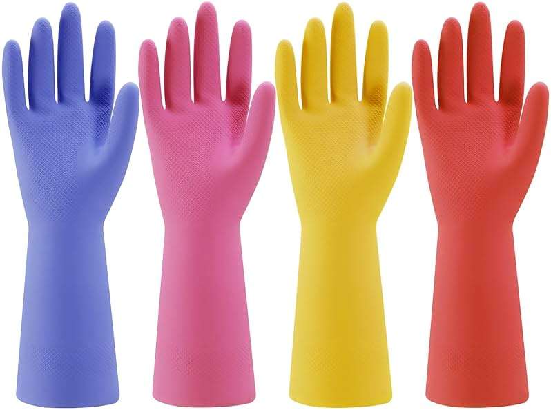 Rubber Kitchen Dishwashing Gloves - 4 Pairs Colorful Reusable Household Cleaning Gloves for Washing Dishes and Cleaning Tasks, Flexible Long-lasting and Non-Slip (Medium, Blue+Pink+Yellow+Red) - Image 1