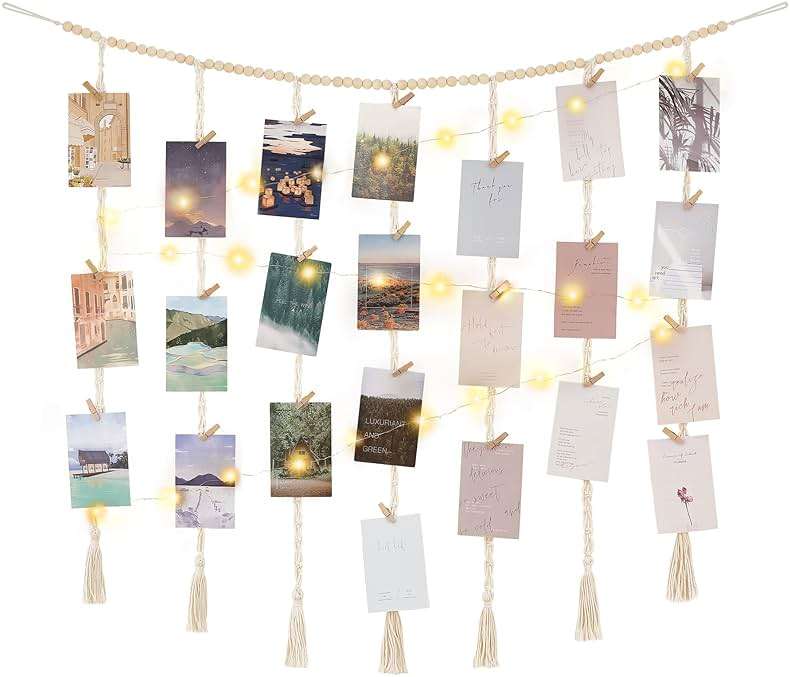 Mkono Macrame Hanging Photo Display Wall Decor with String Lights, Boho Wooden Beads Garland Collage Picture Card Frame Holder with 45 Clips for Bedroom Living Room Dorm, Teen Girls Christmas Gifts - Image 1