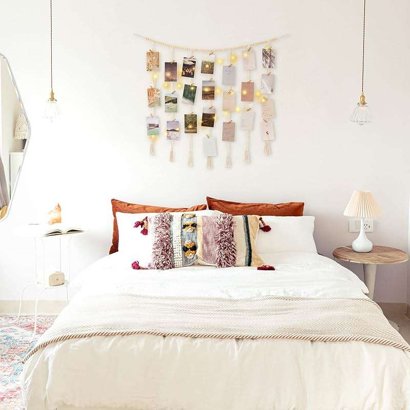 Mkono Macrame Hanging Photo Display Wall Decor with String Lights, Boho Wooden Beads Garland Collage Picture Card Frame Holder with 45 Clips for Bedroom Living Room Dorm, Teen Girls Christmas Gifts - Image 2