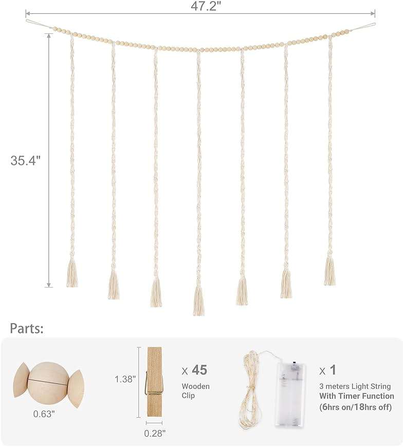 Mkono Macrame Hanging Photo Display Wall Decor with String Lights, Boho Wooden Beads Garland Collage Picture Card Frame Holder with 45 Clips for Bedroom Living Room Dorm, Teen Girls Christmas Gifts - Image 3
