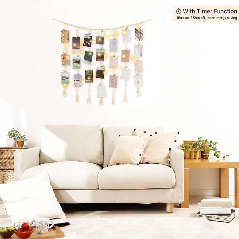 Mkono Macrame Hanging Photo Display Wall Decor with String Lights, Boho Wooden Beads Garland Collage Picture Card Frame Holder with 45 Clips for Bedroom Living Room Dorm, Teen Girls Christmas Gifts - Image 4