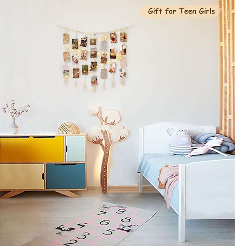 Mkono Macrame Hanging Photo Display Wall Decor with String Lights, Boho Wooden Beads Garland Collage Picture Card Frame Holder with 45 Clips for Bedroom Living Room Dorm, Teen Girls Christmas Gifts - Image 5