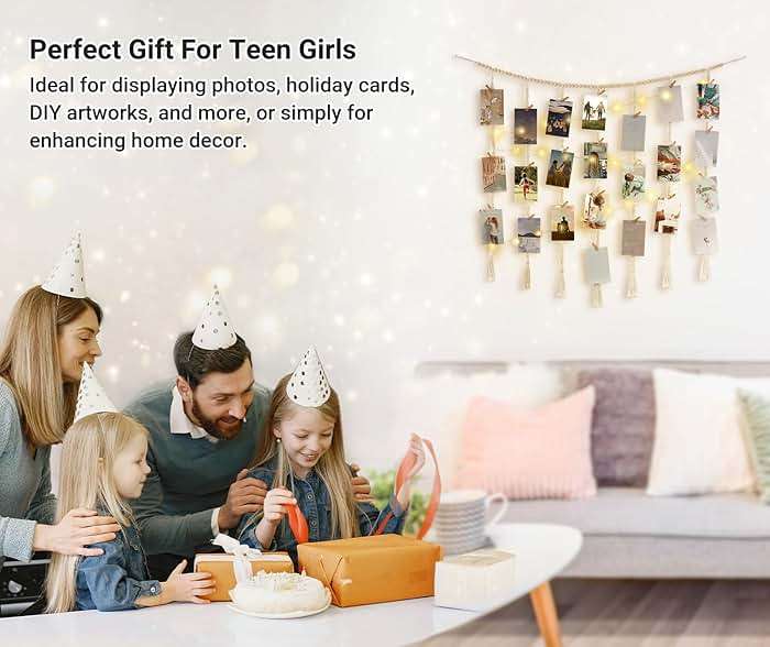 Mkono Macrame Hanging Photo Display Wall Decor with String Lights, Boho Wooden Beads Garland Collage Picture Card Frame Holder with 45 Clips for Bedroom Living Room Dorm, Teen Girls Christmas Gifts - Image 6