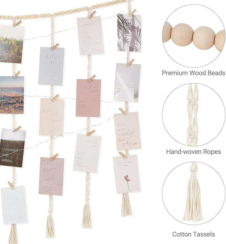 Mkono Macrame Hanging Photo Display Wall Decor with String Lights, Boho Wooden Beads Garland Collage Picture Card Frame Holder with 45 Clips for Bedroom Living Room Dorm, Teen Girls Christmas Gifts - Image 7