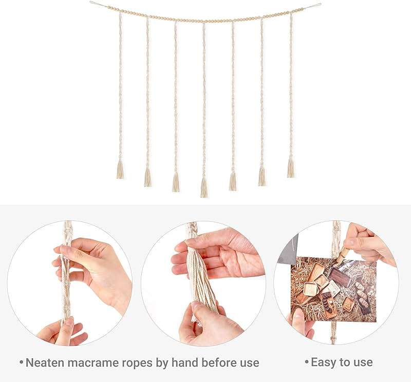 Mkono Macrame Hanging Photo Display Wall Decor with String Lights, Boho Wooden Beads Garland Collage Picture Card Frame Holder with 45 Clips for Bedroom Living Room Dorm, Teen Girls Christmas Gifts - Image 9