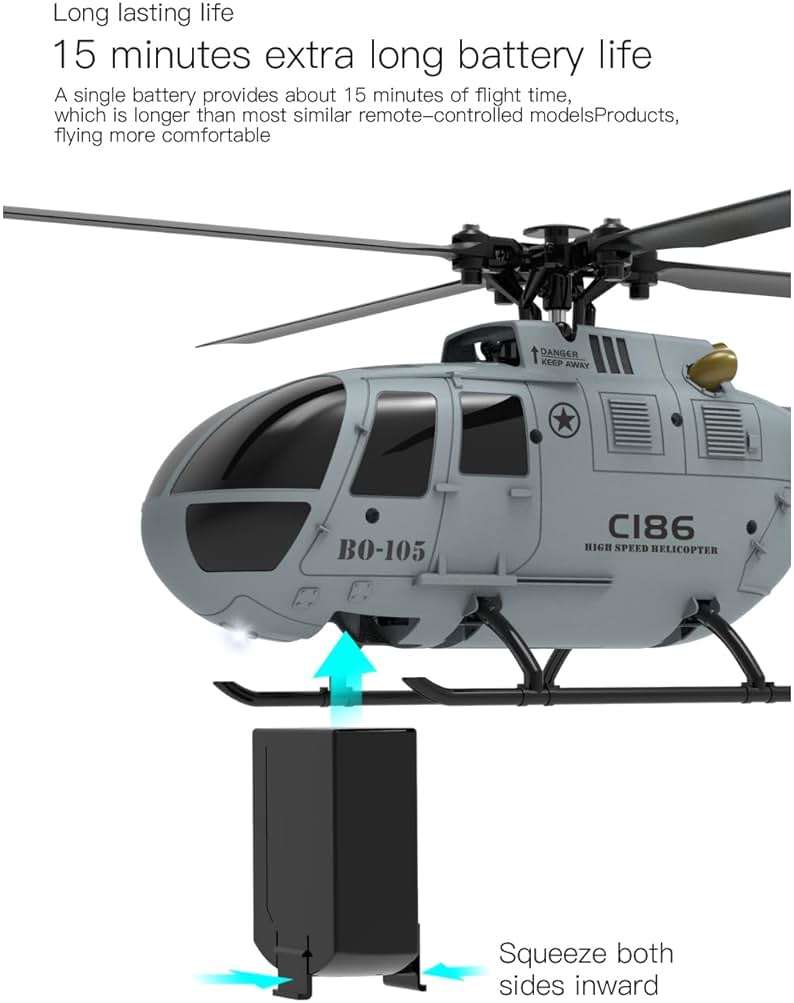 C186 Remote Control Helicopter for Adults 14y+ Beginner Expert Single Rotor Aileronless BO-105 Like-Real RC Aircraft Model Air Pressure Hover Aerobatic Flight 6-Axis Gyroscope (Grey 2 Batteries) - Image 6