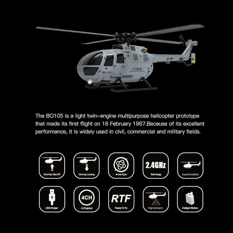 C186 Remote Control Helicopter for Adults 14y+ Beginner Expert Single Rotor Aileronless BO-105 Like-Real RC Aircraft Model Air Pressure Hover Aerobatic Flight 6-Axis Gyroscope (Grey 2 Batteries) - Image 8