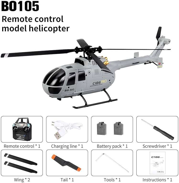 C186 Remote Control Helicopter for Adults 14y+ Beginner Expert Single Rotor Aileronless BO-105 Like-Real RC Aircraft Model Air Pressure Hover Aerobatic Flight 6-Axis Gyroscope (Grey 2 Batteries) - Image 9