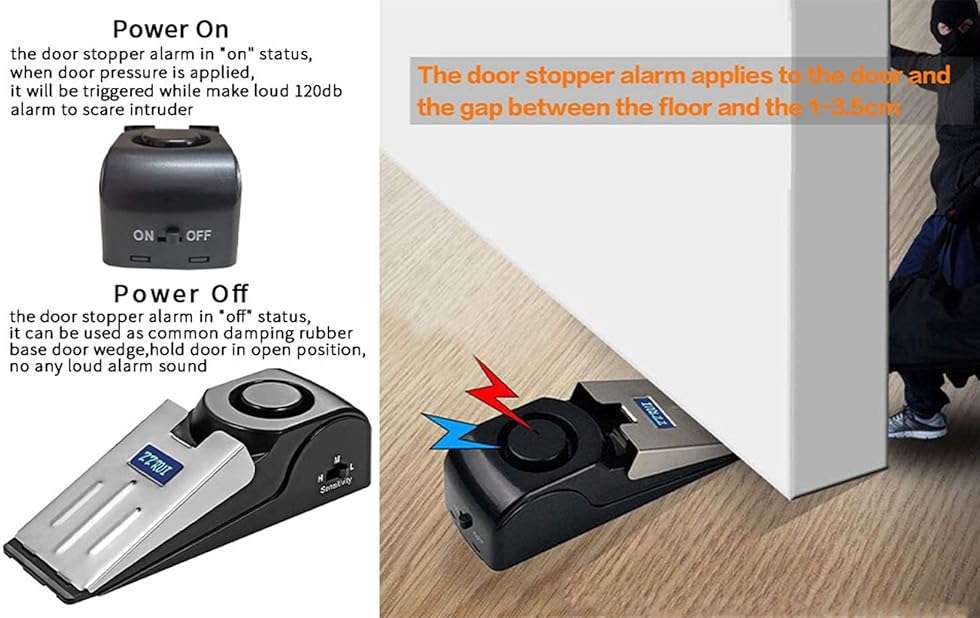 ZZRUI 2 Pack Door Stop Alarm with 120dB Siren, Wedge Door Stopper Security Device for Travel, Apartment, Hotel, Home – Portable Anti-Theft Floor Alarm for Entry Alert & Self Defense, Black - Image 3