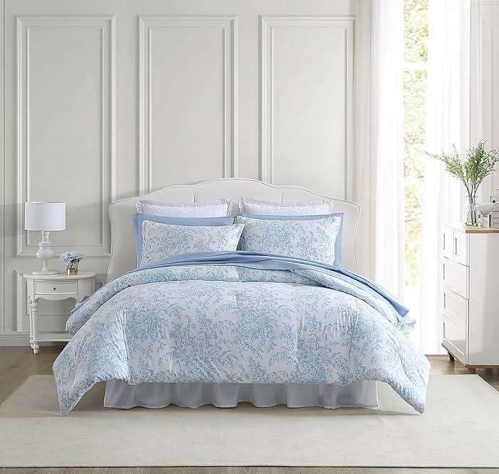 Laura Ashley – Queen Comforter Set, Soft Bedding with Matching Shams, Reversible Floral Room Decor, College Dorm Room Essentials (Bedford Blue) - Image 1