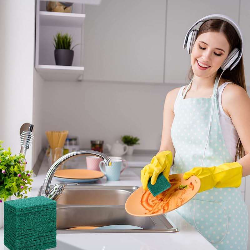 Hoolerry 100 Pcs Heavy Duty Scouring Pads Non Scratch Household Scrub Pads for Cleaning Reusable Pan Scrubber Anti Grease Scrubbing Pads for Dish Kitchen Metal Grills, 4.3 x 3 x 0.3 in (Green) - Image 2