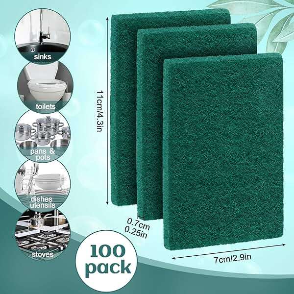 Hoolerry 100 Pcs Heavy Duty Scouring Pads Non Scratch Household Scrub Pads for Cleaning Reusable Pan Scrubber Anti Grease Scrubbing Pads for Dish Kitchen Metal Grills, 4.3 x 3 x 0.3 in (Green) - Image 3