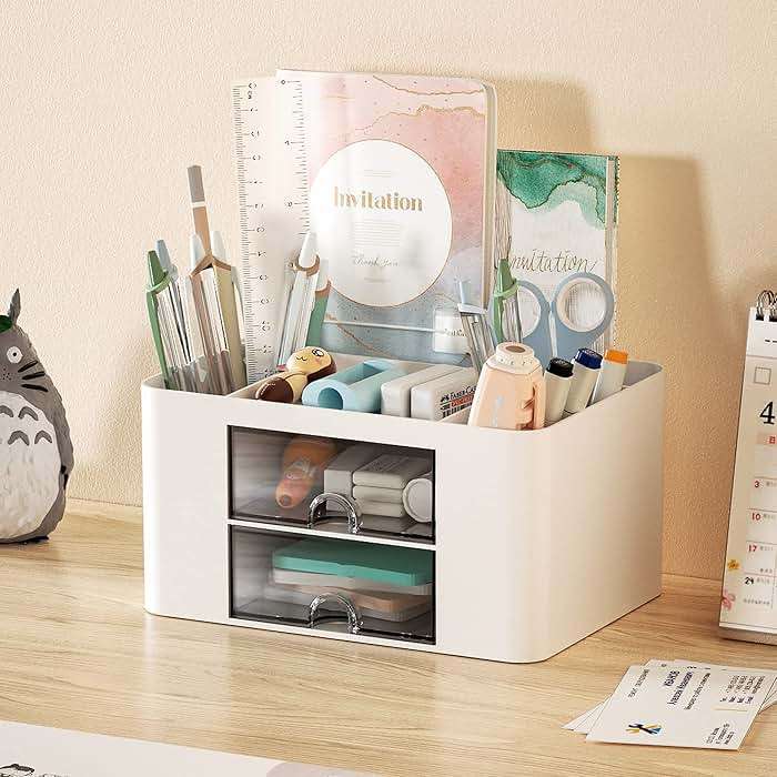 Marbrasse Pen Organizer with 2 Drawer, Multi-Functional Pencil Holder for Desk, Desk Organizers and Accessories with 5 Compartments + Drawer for Office Art Supplies (White) - Image 2
