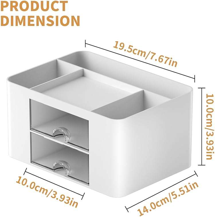 Marbrasse Pen Organizer with 2 Drawer, Multi-Functional Pencil Holder for Desk, Desk Organizers and Accessories with 5 Compartments + Drawer for Office Art Supplies (White) - Image 3