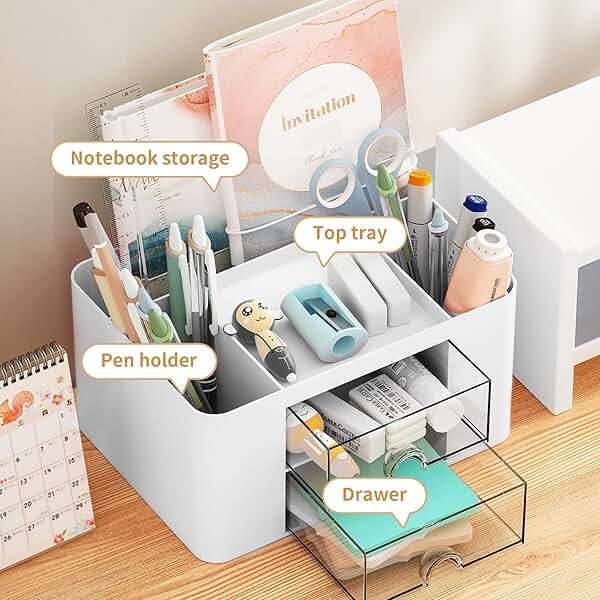 Marbrasse Pen Organizer with 2 Drawer, Multi-Functional Pencil Holder for Desk, Desk Organizers and Accessories with 5 Compartments + Drawer for Office Art Supplies (White) - Image 4
