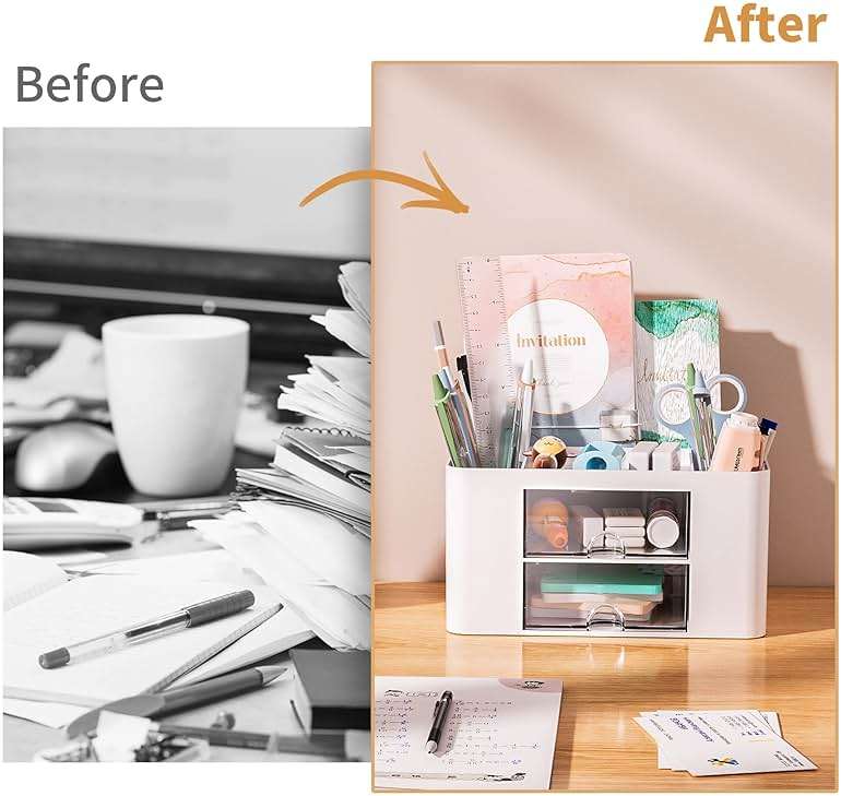 Marbrasse Pen Organizer with 2 Drawer, Multi-Functional Pencil Holder for Desk, Desk Organizers and Accessories with 5 Compartments + Drawer for Office Art Supplies (White) - Image 7