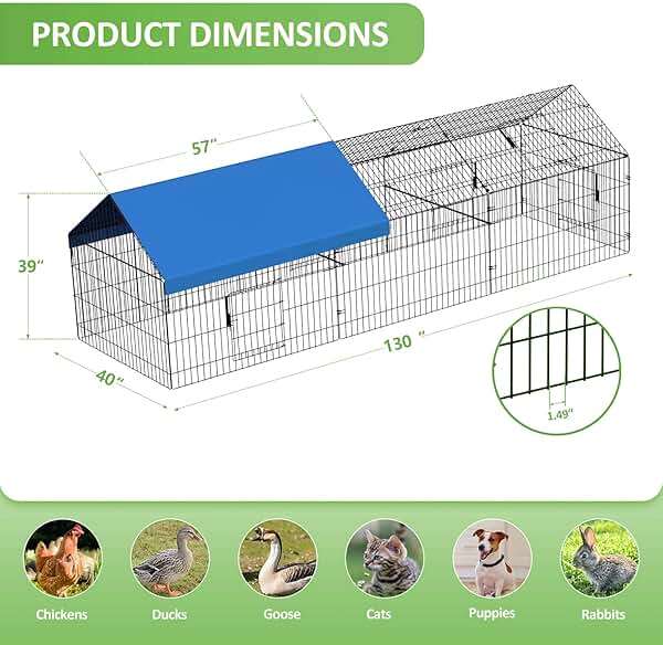 INJOPEXI Metal Chicken Coop 130"×40"×39" Chicken Runs for Yard with Cover Chicken Playpen Enclosure Chicken Pen Kennel Duck Coop Cage for Outdoor Backyard Farm Rabbit Dog Cat Small Animal Poultry - Image 3