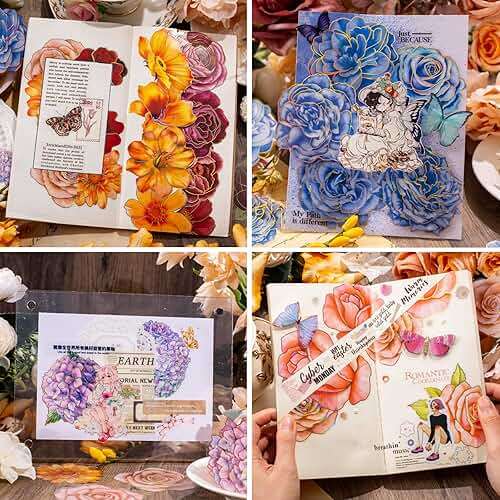 Knaid 80 Pieces Large Size Flower Stickers with Gold Holographic Outlines, Glitter Shiny Floral Waterproof Decorative Decals for Scrapbooking Supplies Junk Journal Bullet Journals Planners - Image 5