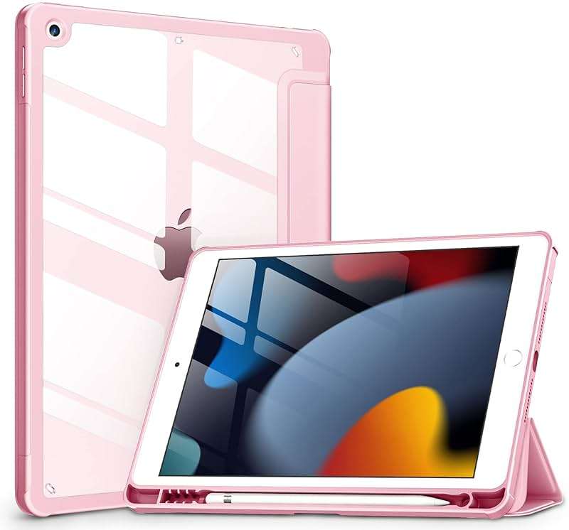 VIKESI Case for iPad 9th / 8th / 7th Generation 10.2 inch (2021/2020/2019 Released), Clear Back, TPU Shockproof Frame Cover[Built-in Pencil Holder,Support Auto Sleep/Wake] for ipad 10.2 - Pink - Image 1