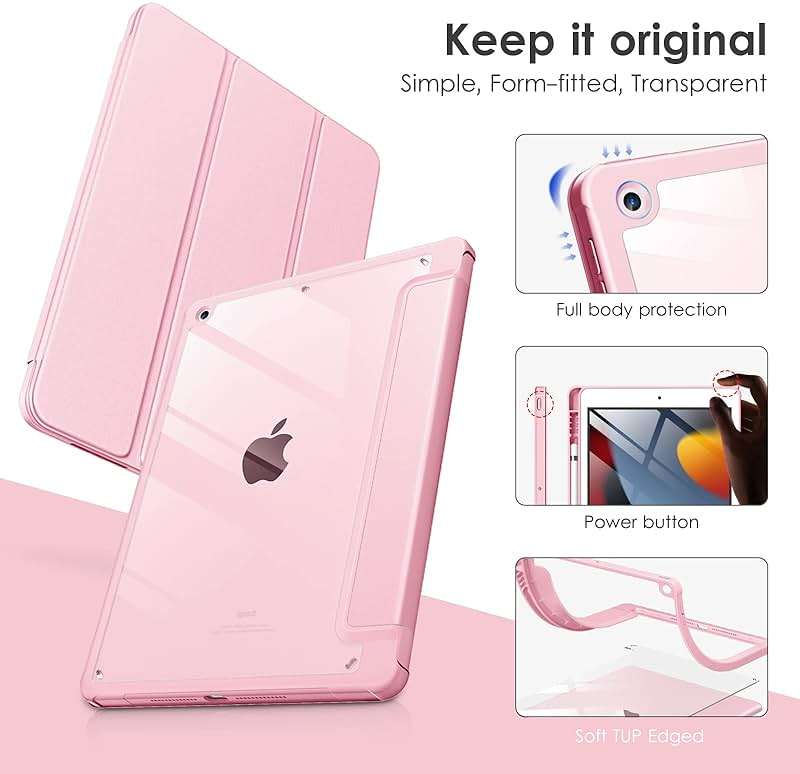 VIKESI Case for iPad 9th / 8th / 7th Generation 10.2 inch (2021/2020/2019 Released), Clear Back, TPU Shockproof Frame Cover[Built-in Pencil Holder,Support Auto Sleep/Wake] for ipad 10.2 - Pink - Image 3