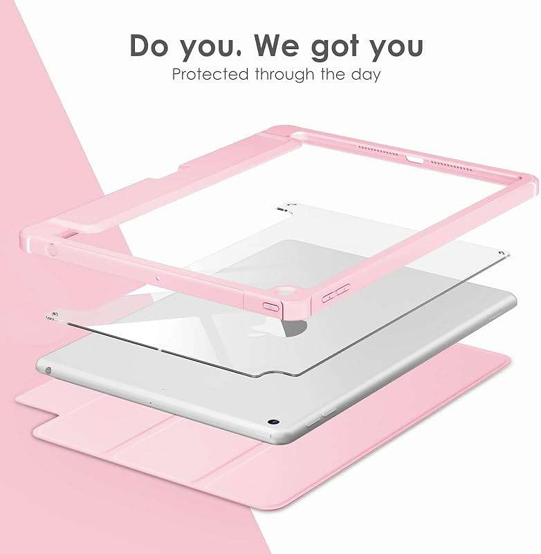 VIKESI Case for iPad 9th / 8th / 7th Generation 10.2 inch (2021/2020/2019 Released), Clear Back, TPU Shockproof Frame Cover[Built-in Pencil Holder,Support Auto Sleep/Wake] for ipad 10.2 - Pink - Image 4