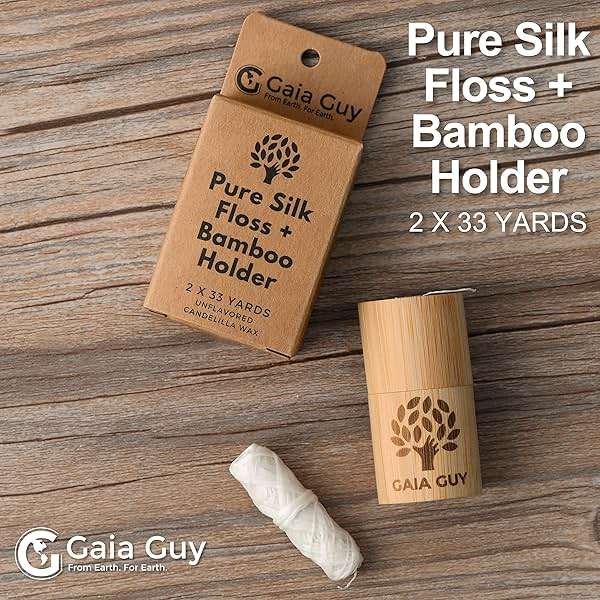 Gaia Guy Natural Unflavored Silk Dental Floss with Floss Refill & Reusable Bamboo Holder | 2 x 33yds Compostable Pure Silk Waxed with Candelilla Wax | Plastic-Free Packaging - Image 2