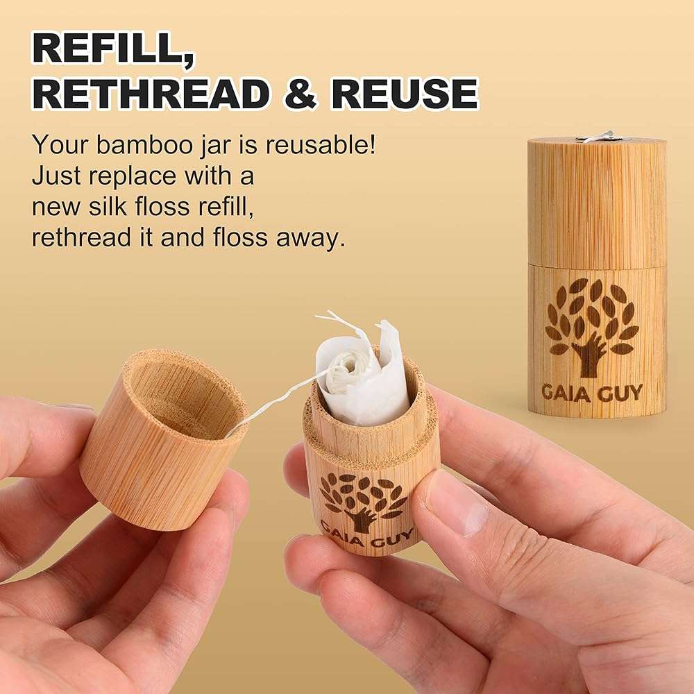 Gaia Guy Natural Unflavored Silk Dental Floss with Floss Refill & Reusable Bamboo Holder | 2 x 33yds Compostable Pure Silk Waxed with Candelilla Wax | Plastic-Free Packaging - Image 5