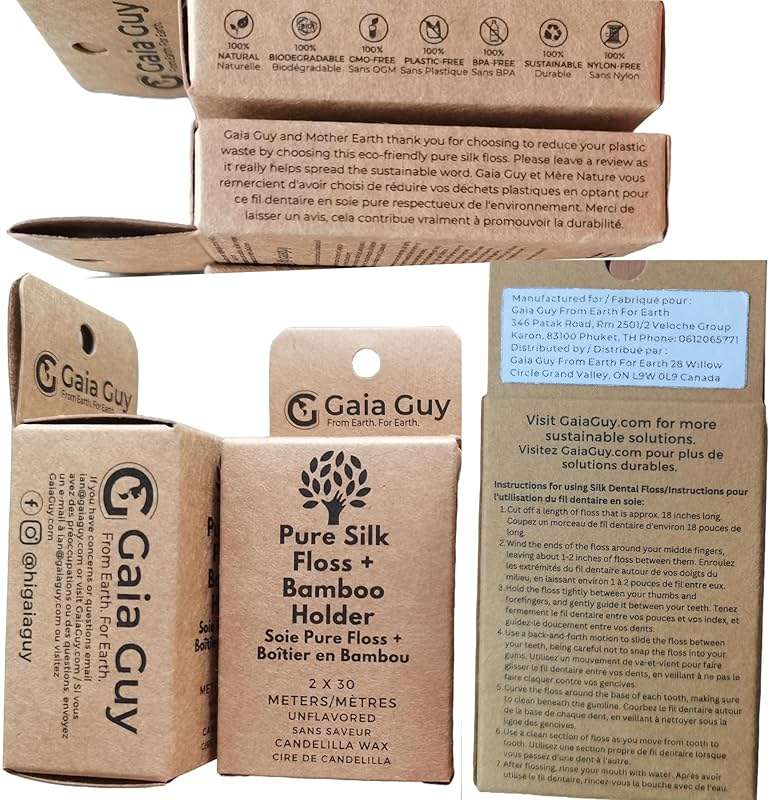 Gaia Guy Natural Unflavored Silk Dental Floss with Floss Refill & Reusable Bamboo Holder | 2 x 33yds Compostable Pure Silk Waxed with Candelilla Wax | Plastic-Free Packaging - Image 7