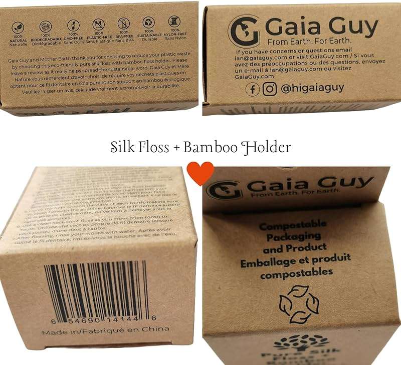 Gaia Guy Natural Unflavored Silk Dental Floss with Floss Refill & Reusable Bamboo Holder | 2 x 33yds Compostable Pure Silk Waxed with Candelilla Wax | Plastic-Free Packaging - Image 8