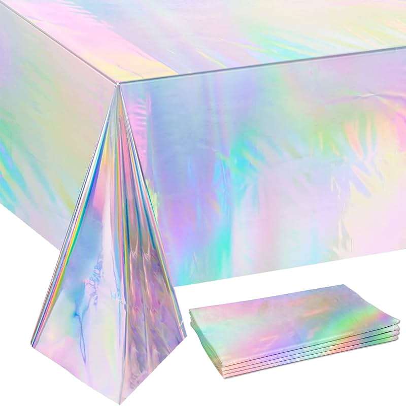 OHOME 4 Pack Iridescence Plastic Tablecloths Disposable Galentines Day Decorations New Years Birthday Disco Bachelorette Bridal Wedding Rainbow Iridescent Party Decorations 54" x 108" - Image 1