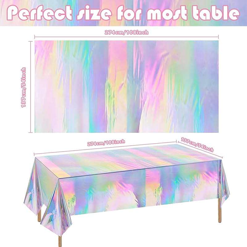 OHOME 4 Pack Iridescence Plastic Tablecloths Disposable Galentines Day Decorations New Years Birthday Disco Bachelorette Bridal Wedding Rainbow Iridescent Party Decorations 54" x 108" - Image 3