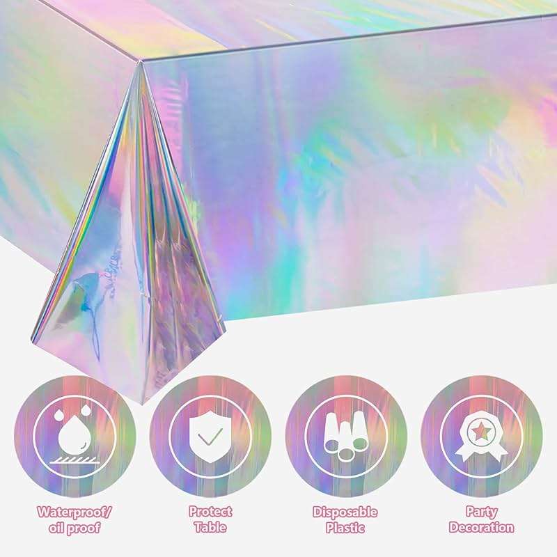 OHOME 4 Pack Iridescence Plastic Tablecloths Disposable Galentines Day Decorations New Years Birthday Disco Bachelorette Bridal Wedding Rainbow Iridescent Party Decorations 54" x 108" - Image 4