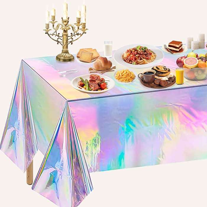OHOME 4 Pack Iridescence Plastic Tablecloths Disposable Galentines Day Decorations New Years Birthday Disco Bachelorette Bridal Wedding Rainbow Iridescent Party Decorations 54" x 108" - Image 6