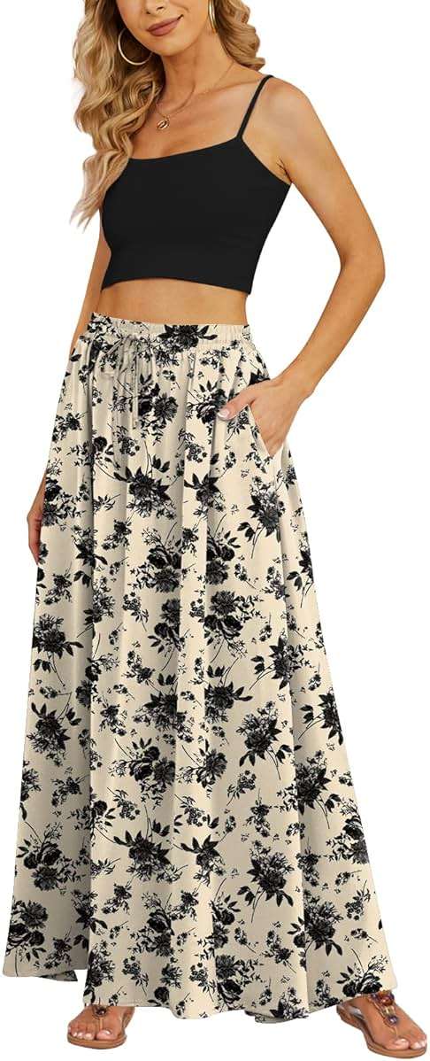 Yincro Women's Flowy Maxi Skirt Summer Pleated High Waisted Casual Long Skirts with Pockets - Image 1