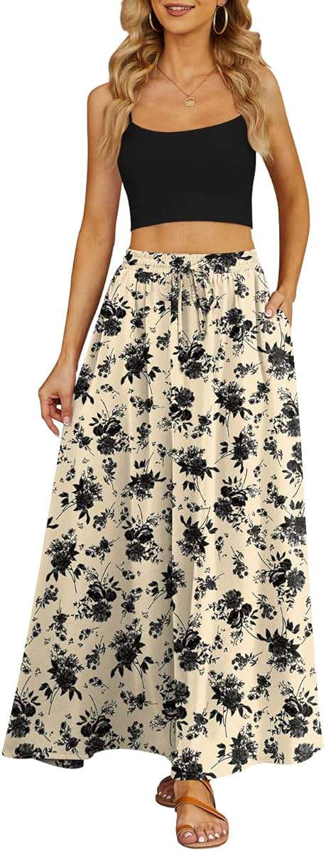 Yincro Women's Flowy Maxi Skirt Summer Pleated High Waisted Casual Long Skirts with Pockets - Image 3