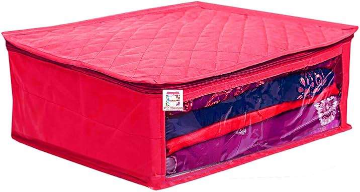 atorakushon Fabric Satin Foldable Saree Covers Cloth Garments Storage Bag Wardrobe Organizers with Strong Zippers & Transparent Window Pack of 6 Pink - Image 2