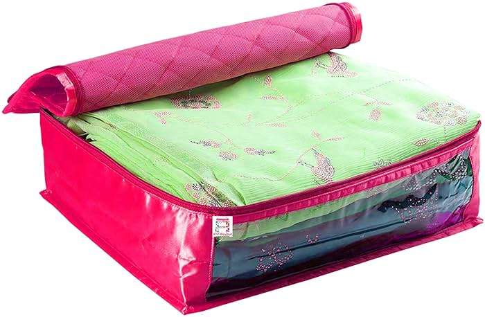 atorakushon Fabric Satin Foldable Saree Covers Cloth Garments Storage Bag Wardrobe Organizers with Strong Zippers & Transparent Window Pack of 6 Pink - Image 3