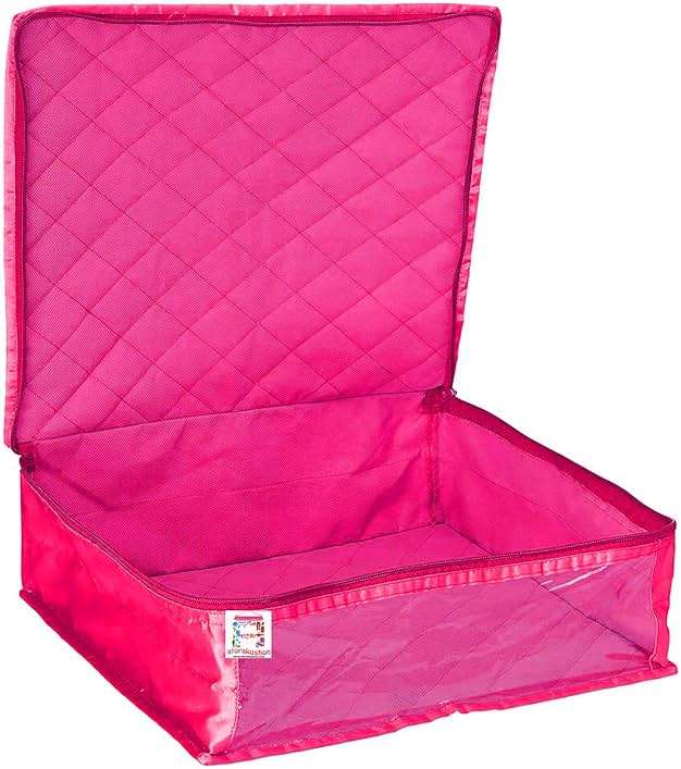 atorakushon Fabric Satin Foldable Saree Covers Cloth Garments Storage Bag Wardrobe Organizers with Strong Zippers & Transparent Window Pack of 6 Pink - Image 4