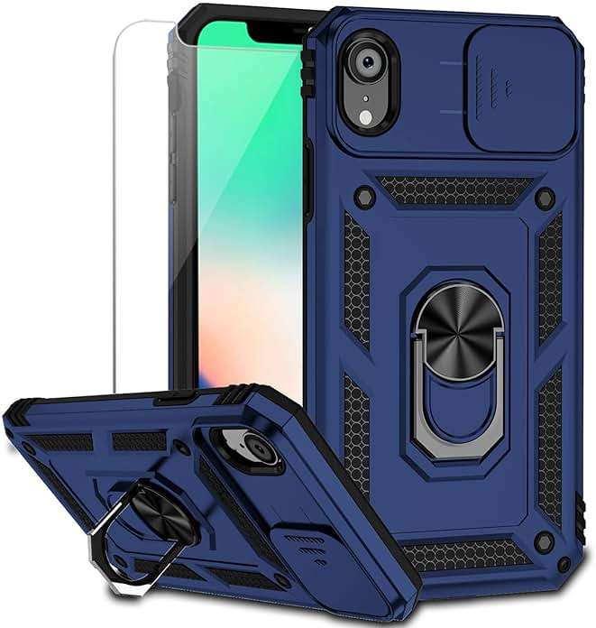 for iPhone XR Case with Camera Lens Cover HD Screen Protector, Dual Layer [15 FT Military Grade Drop Protection] Magnetic Ring Holder Kickstand Protective Phone Case for iPhone XR 6.1 inch (Navy Blue) - Image 1