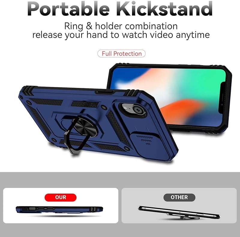 for iPhone XR Case with Camera Lens Cover HD Screen Protector, Dual Layer [15 FT Military Grade Drop Protection] Magnetic Ring Holder Kickstand Protective Phone Case for iPhone XR 6.1 inch (Navy Blue) - Image 7