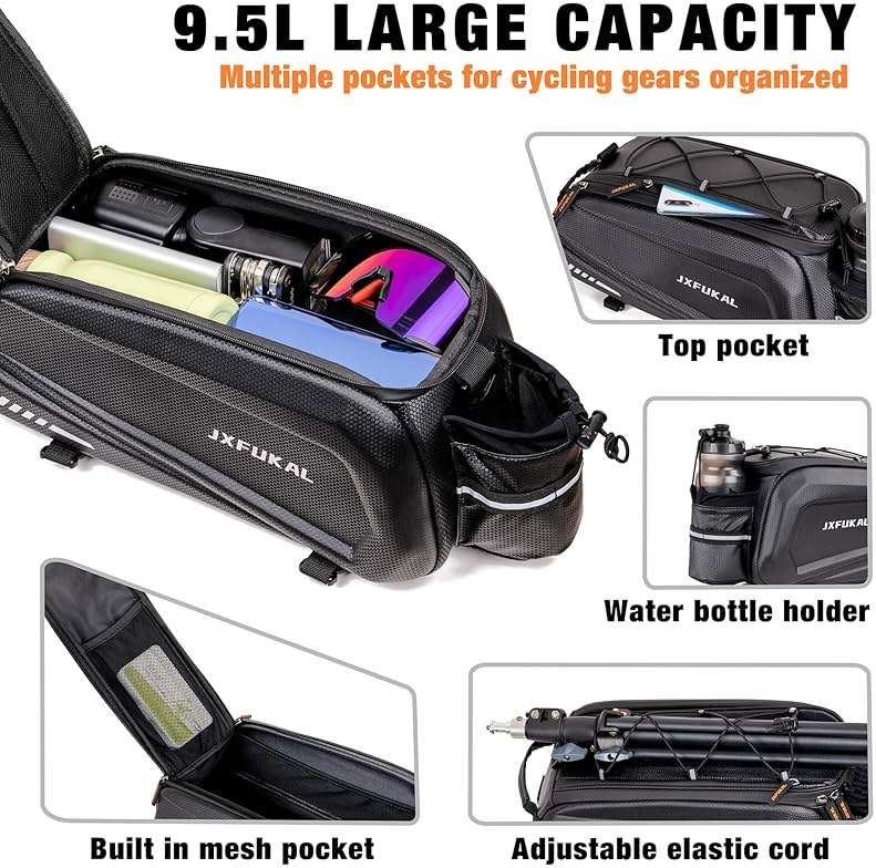 JXFUKAL Bike Bags for Bicycle Rear rack - 9.5L/17L/40L Hard Shell Waterproof Bike Ebike Trunk Pannier Saddle Seat Bag Carrier with Reflector, Rain Cover & Shoulder Strap for Commuter Travel Outdoor - Image 2